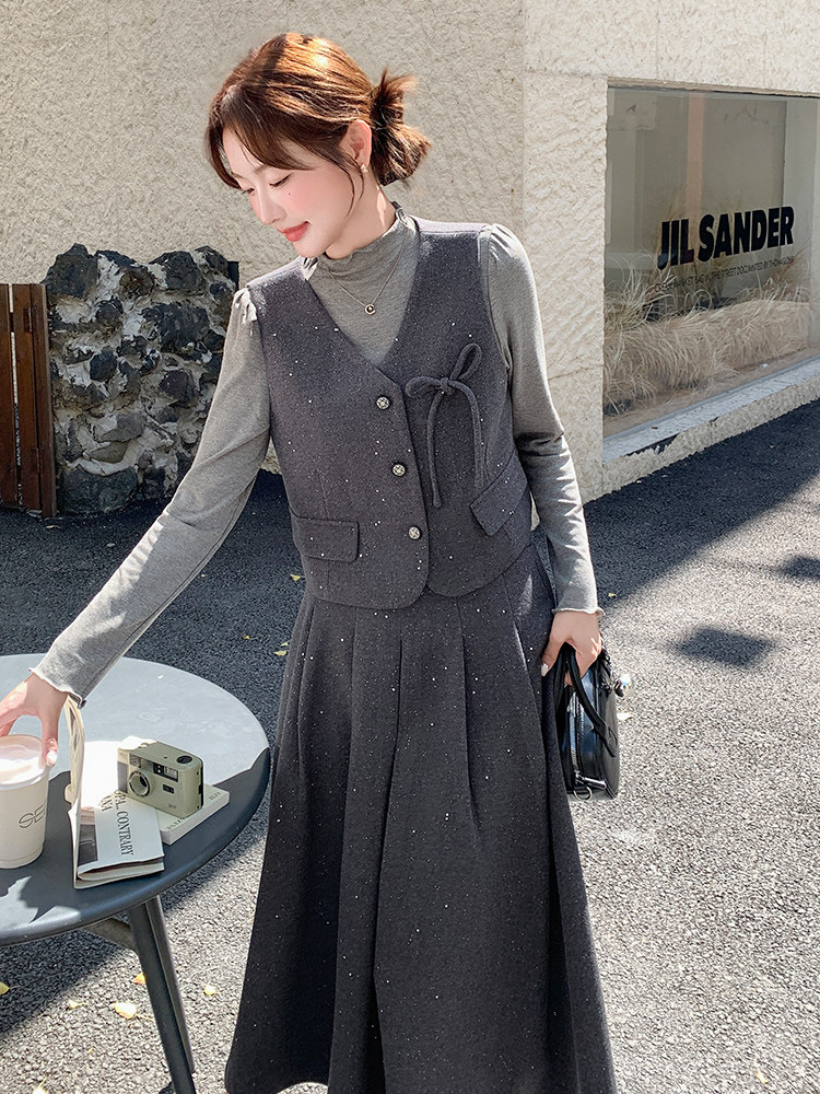 含绵羊毛小香风亮片钻扣套装女2025秋冬新款马甲无袖外套半身裙,女装套装/套裙,纯色衣恋