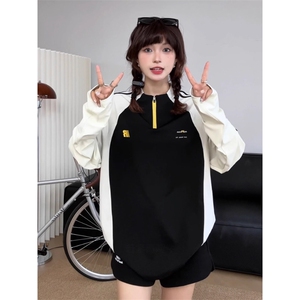 美式半拉链撞色速干衣女男款秋季户外运动长袖T恤骑行服羽毛球服图片