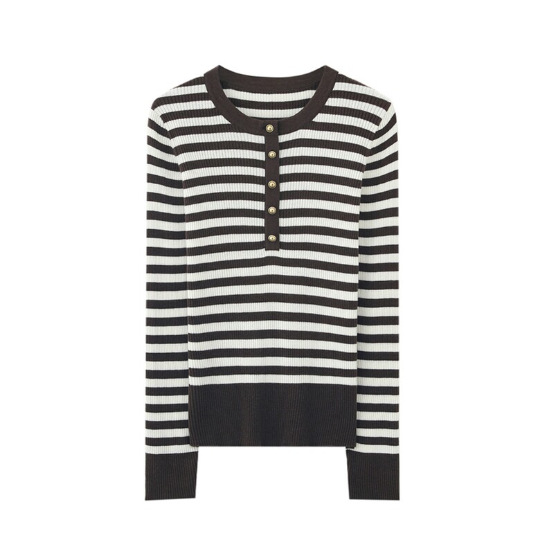 2025年秋季新款修身扣条纹针织圆领上衣时尚休闲通勤百搭，女装针织衫/毛衣，朝思羊绒