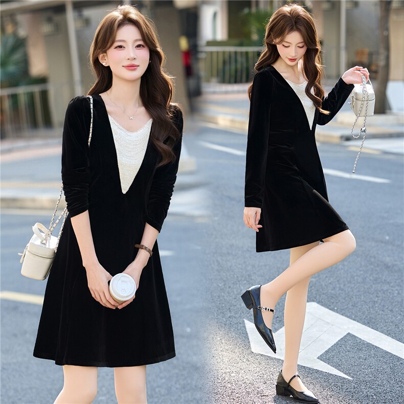 丝绒连衣裙2026春装新款时尚气质修身V领小个子短裙，女装连衣裙，天丝秀