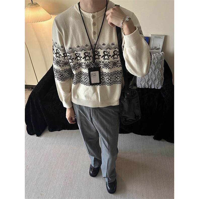 重磅秋冬装北极绒套头毛衣美式复古休闲慵懒风提花工艺针织衫外套，男装针织衫/毛衣，电商A486