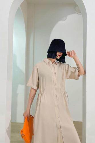 现货夏季天丝腰部收绳连衣裙，女装连衣裙，储辰