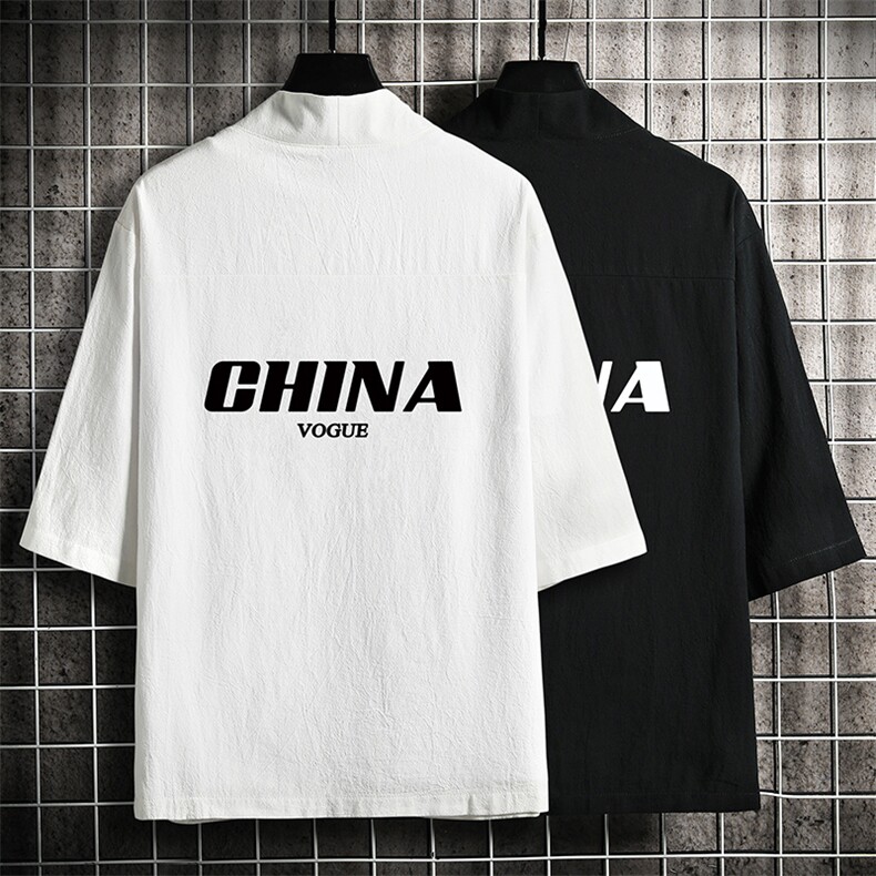 HF59001-P40风汉服男开衫外套七分袖道袍网格挂拍,男装民族服装,电商A040A