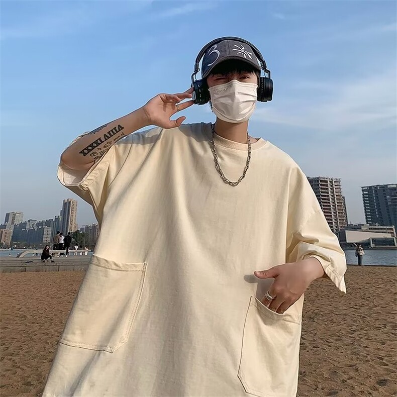 潮宽松型气质五分袖时尚潮牌圆领男青春流行T恤夏季简约图片