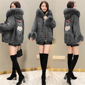 2020时尚休闲牛仔大毛领加绒冬季新款棉服外套女图片
