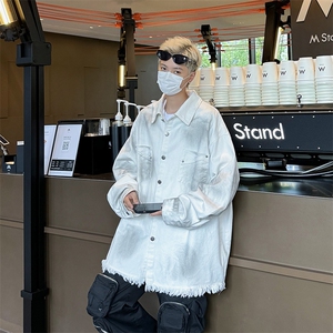 扎染渐变脏脏牛仔外套男秋季毛边潮牌衣服春秋款美式高街工装夹克图片