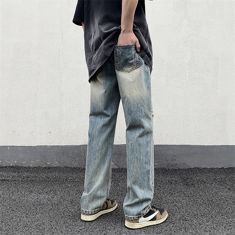 高街美式复古黄泥水洗破洞牛仔裤男潮XZ211-1-K2315-P55,男装牛仔裤,星座211-1