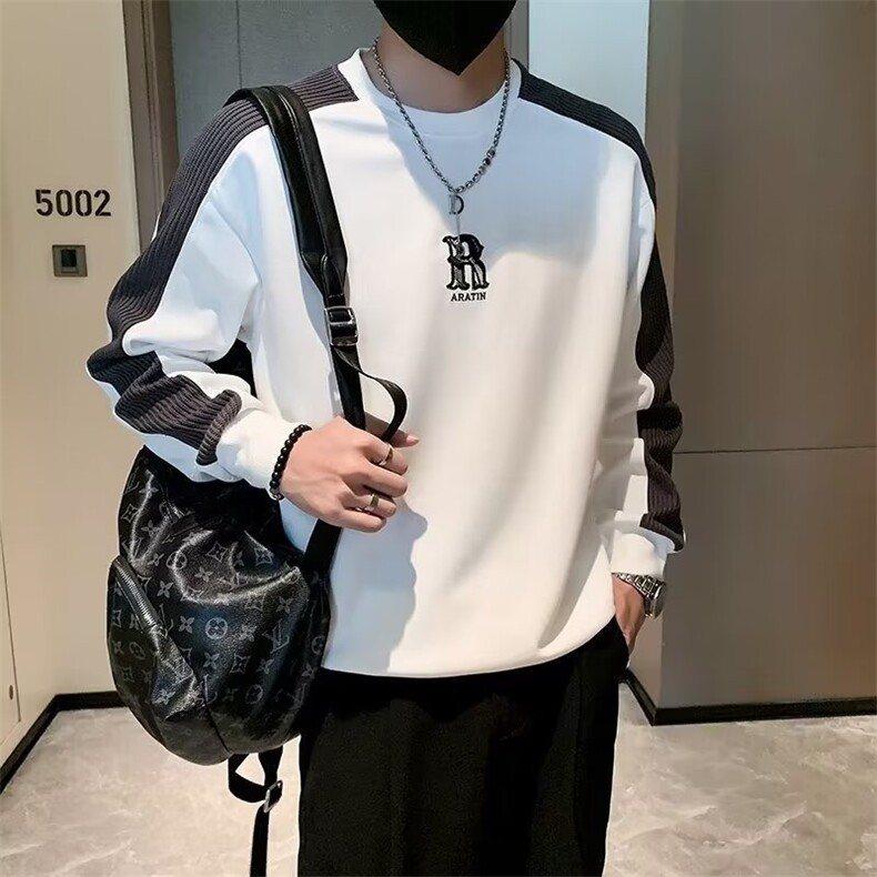 拼接卫衣男春秋款圆领套头外套潮牌2025新款痞帅印花长袖t恤上衣,男装T恤,星座516A