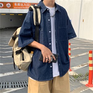 牛仔短袖衬衫男夏季薄款港风衬衣潮流痞帅宽松休闲外套CS528-P40,男装衬衫,星座1008-1