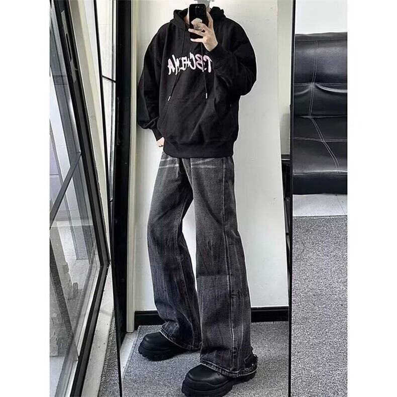 宽松微喇牛仔裤男水洗做旧破坏复古长裤美式高街黑灰色拖地裤,男装牛仔裤,星座506A