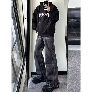 宽松微喇牛仔裤男水洗做旧破坏复古长裤美式高街黑灰色拖地裤图片