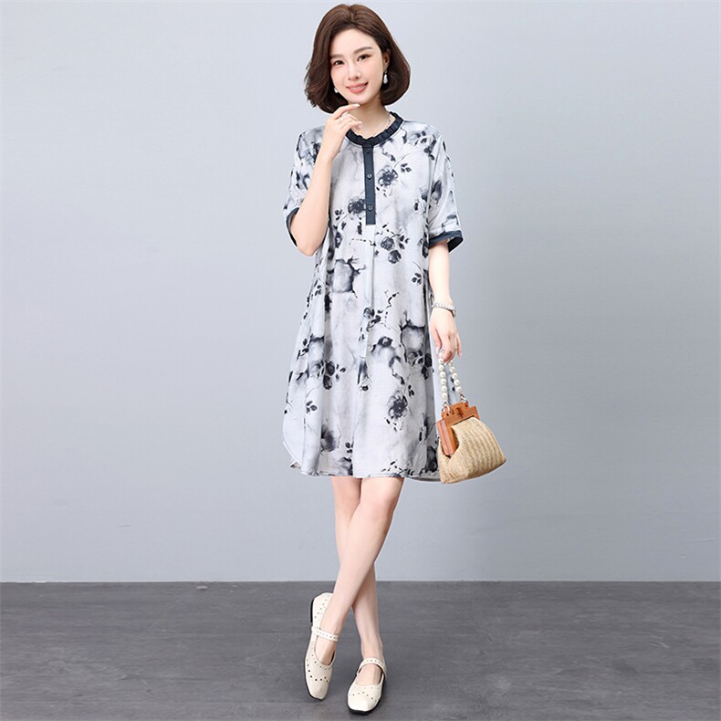 dpqb夏季冰丝印花连衣裙女短袖2025新款妈妈宽松显瘦遮肚休闲裙子,女装连衣裙,鑫鑫格