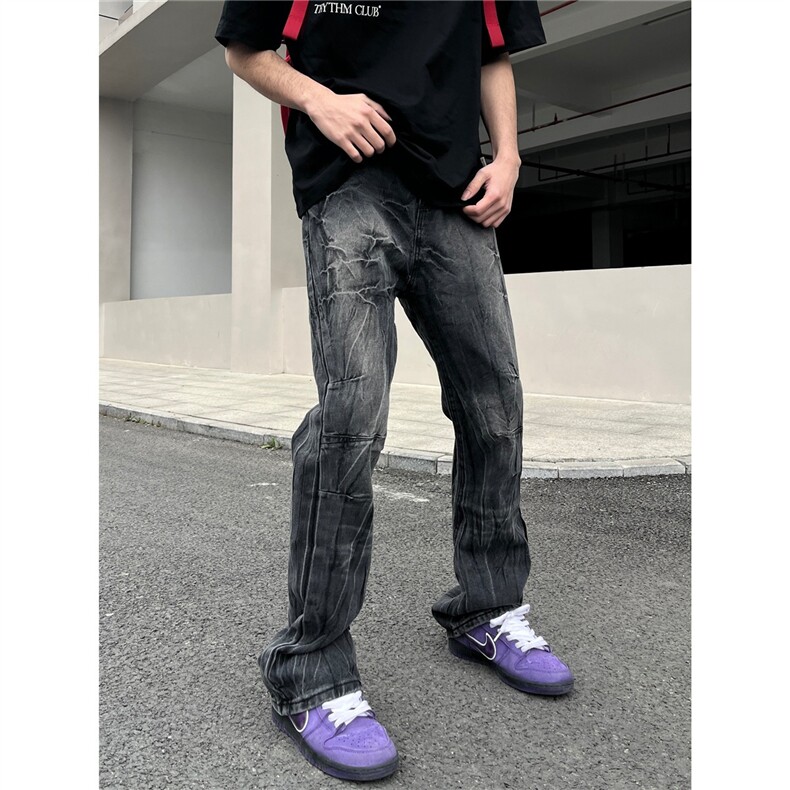 美式复古闪电裂纹褶皱牛仔裤男高街潮牌直筒做旧裤子NK69-P54,男装牛仔裤,星座208-5