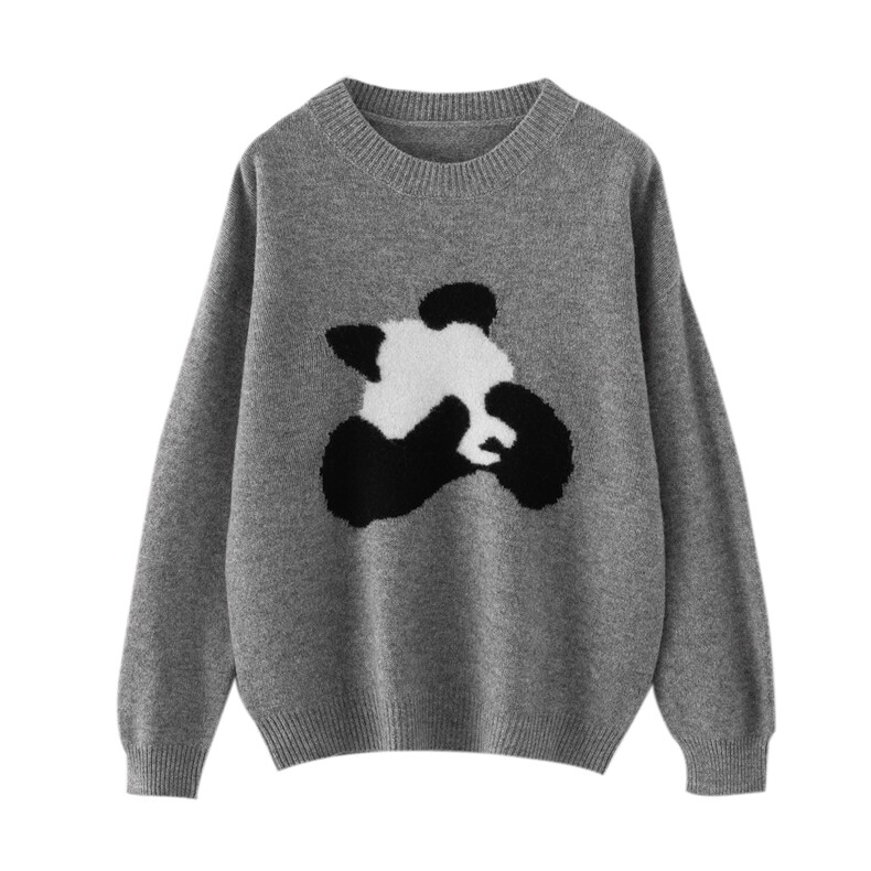 2025年秋季圆领提花熊猫羊毛衫时尚百搭通勤简约休闲，女装羊毛衫，狄美羊绒