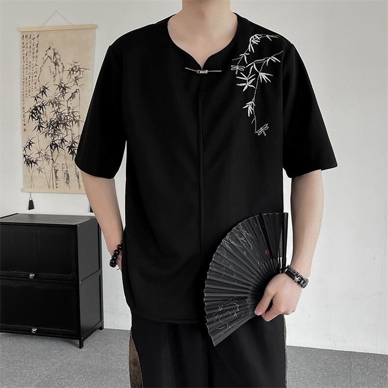 新中式金属扣风潮T恤短袖民族服竹子刺绣汉服时尚T2410-P55,男装T恤,电商A227
