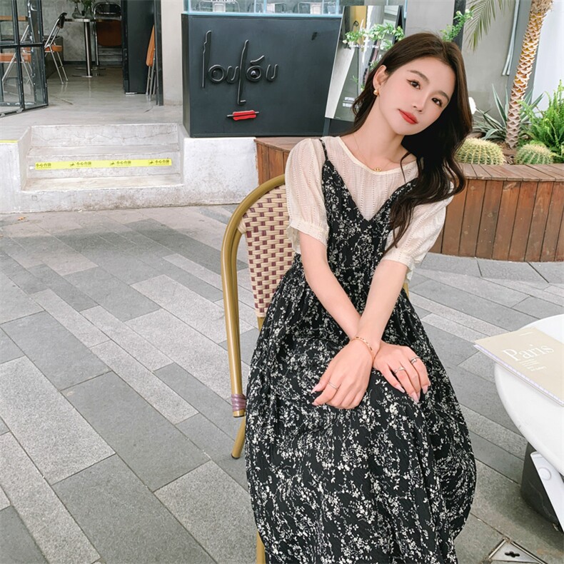182-8376-P135-K178-黑色法式碎花连衣裙,女装连衣裙,帛香坊