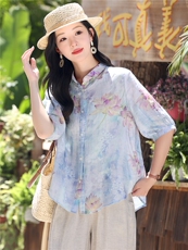 2026年夏季休闲风苎麻印花女五分袖宽松型亲肤透气薄款，女装衬衫，忆绮罗