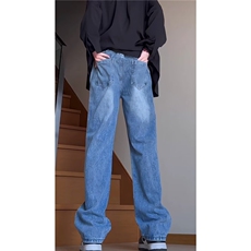 美式复古直筒牛仔裤男女宽松水洗松紧腰阔腿休闲裤K6067-P40网图，女装牛仔裤，电商B245
