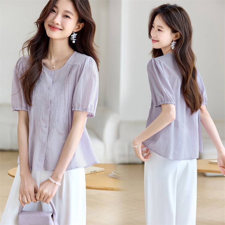 现货2025夏新款时尚气质优雅休闲减龄修身透气刺绣女神短袖衬衣，女装衬衫，木子恋