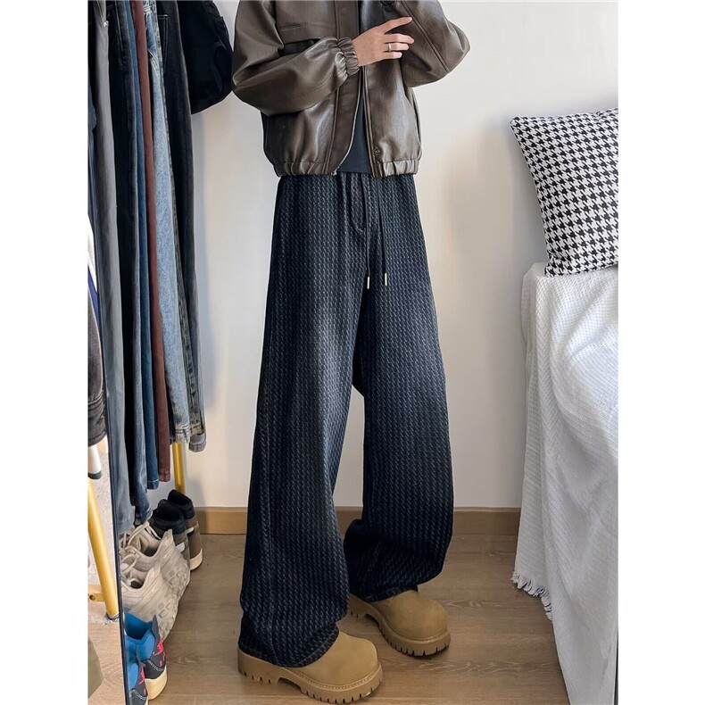 美式小众星空纹提花牛仔裤男vibe风潮牌高街水洗宽松休闲阔腿裤子，男装休闲裤，星座1013