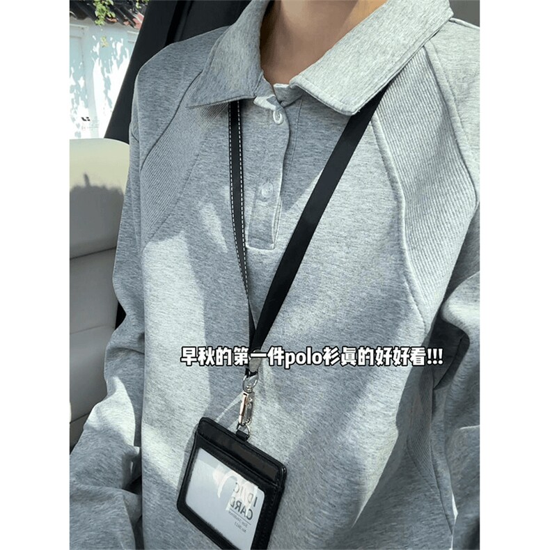 抖音得物高品质美式高街重磅曼巴棉结构螺纹拼接翻领卫衣长袖T恤,男装T恤,电商A486-1
