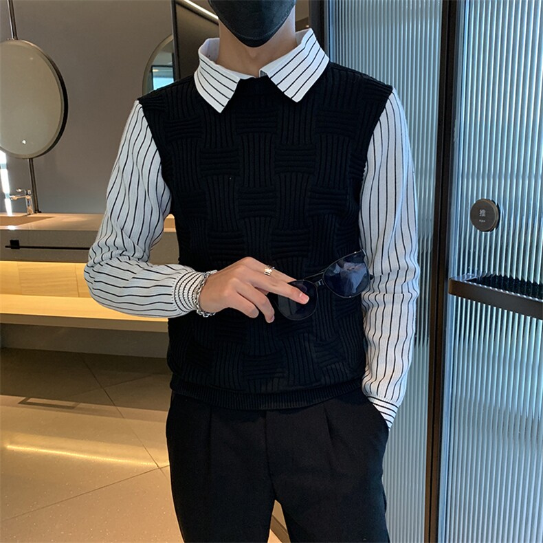 秋冬季节新款拼接条纹假两件衬衫男士时尚潮流毛衣MY0846-P55,男装针织衫/毛衣,星座308B-2