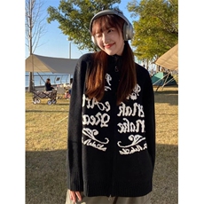 美式复古黑色马海毛字母毛衣女早秋季2025年新款宽松套头针织衫女，男装针织衫/毛衣，星座506A