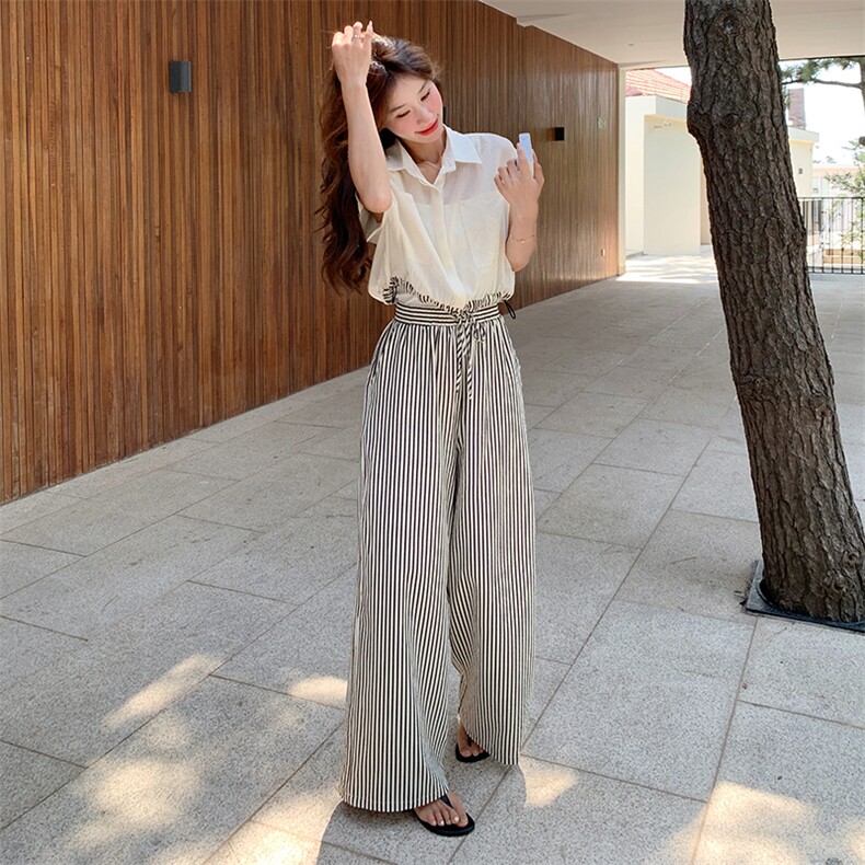 现货：夏装新款薄款衬衫＋条纹阔腿裤两件套装2C135-5091P110K168,女装套装/套裙,2C135