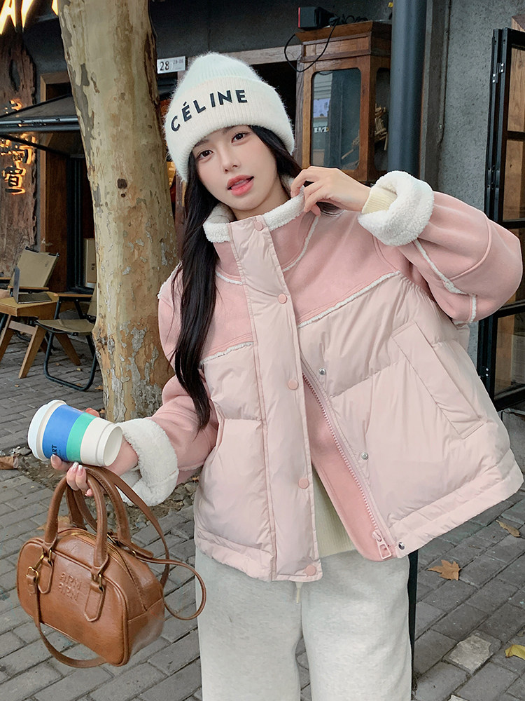 粉色羽绒服女冬温柔甜美皮毛一体羊羔毛拼接短外套6101p235K368,女装羽绒服,维壹