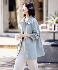 2025春装新款时尚潮流百搭长袖中长款风衣撞色拼接翻领抽绳外套女，女装风衣，姿萝菲