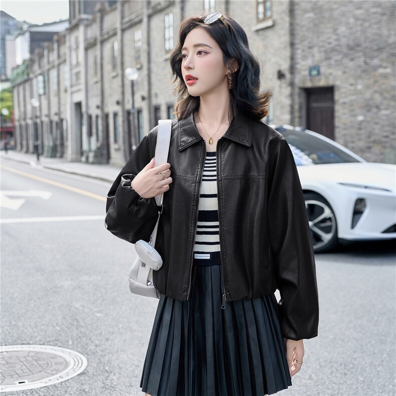 皮衣女2025秋季新款时尚翻领宽松皮外套,女装皮衣,英标秀（1C119）