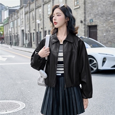 皮衣女2025秋季新款时尚翻领宽松皮外套，女装皮衣，英标秀（1C119）