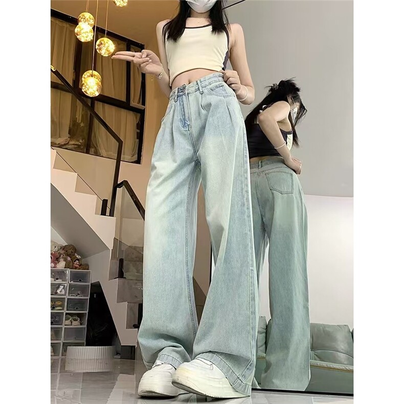 浅色阔腿牛仔裤女夏季薄款大码褶皱高腰宽松显瘦胖mm直筒拖地裤子,男装牛仔裤,星座1210-1
