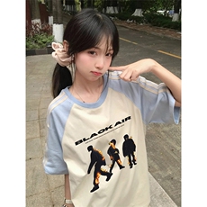 抖音得物品质二开240克宽松纯棉美式潮牌插肩三杠织带短袖T恤，男装T恤，电商A486