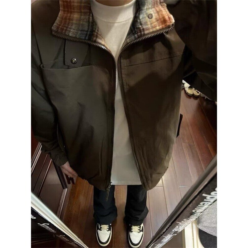 美式复古格纹棉衣潮牌痞帅棉服双面穿外套男秋冬加厚棉袄,男装夹克,星座506A
