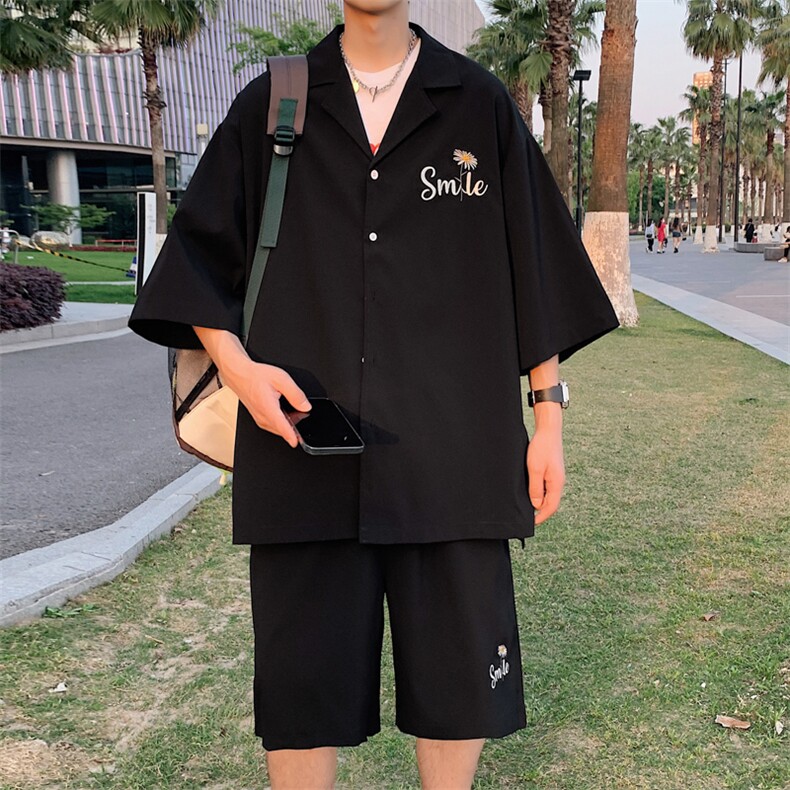 特P55控108绣花冰丝透气衬衣短袖套装夏季衬衫短裤两件套XTZ221,男装牛仔裤,电商B370