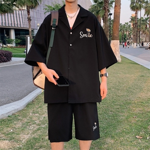 特P55控108 绣花冰丝透气衬衣短袖套装夏季衬衫短裤两件套XTZ221图片