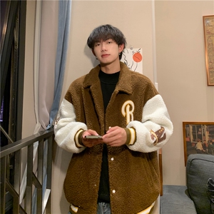 羊羔毛毛巾绣保暖外套男冬季港风宽松拼接棉服男YG256-P95限128图片