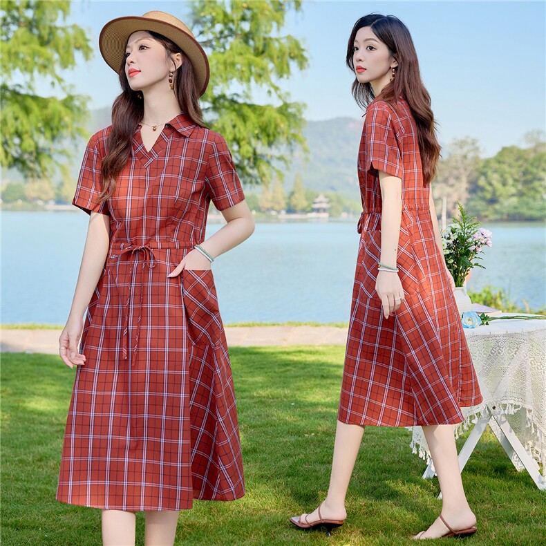 6309时尚翻领格纹抽绳显瘦连衣裙,女装连衣裙,倪叶myz