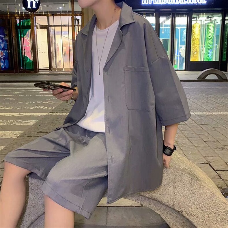 现货港风夏季韩版短袖男五分袖外套潮流宽松小西服短裤套tz43-p50,男装休闲套装,星座1008-1