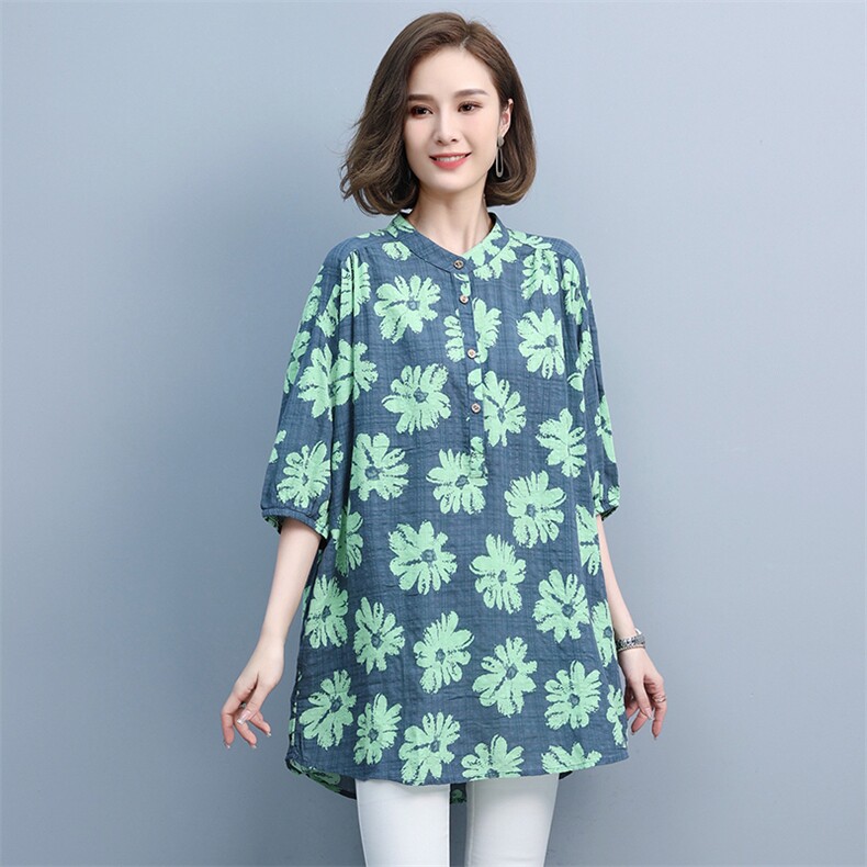 2021夏季新款简约气质圆领中长款休闲舒适碎花衬衫,女装衬衫,悦见她