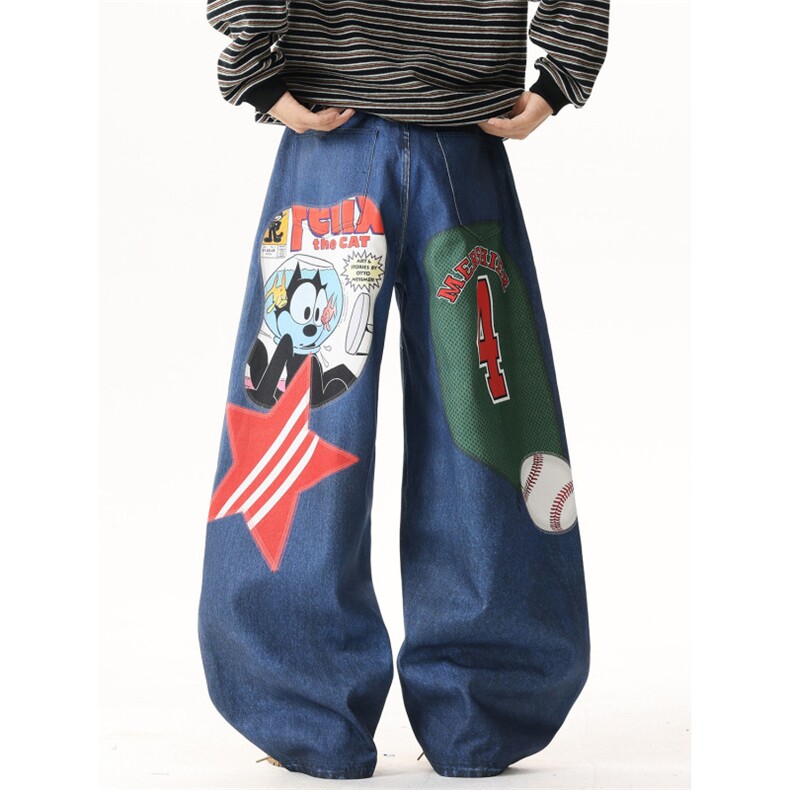 港风秋款男牛仔裤五角星字母印花涂鸦阔腿宽松长裤XK7071P58，男装牛仔裤，星座1013-1