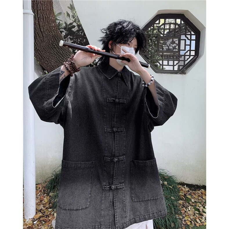 盘扣水洗牛仔衬衫男夏季潮流短袖衬衣超火百搭宽松外套9861P65,男装衬衫,星座410-2