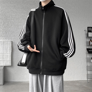 8XL-M三条杠运动卫衣特大码美式条纹立领夹克开衫外套JK5205/P65图片