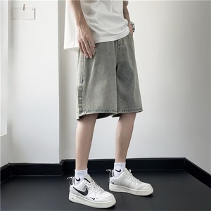 排扣牛仔短裤男女夏季美式高街做旧复古五分裤潮牌裤子D1656-p40图片
