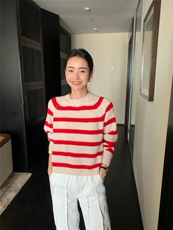 新款女圆领条纹插肩加厚针织衫宽松百搭外穿毛衣，女装针织衫/毛衣，玛卡隆羊绒