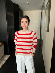 新款女圆领条纹插肩加厚针织衫宽松百搭外穿毛衣图片