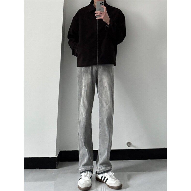 美式hiphop烟灰色毛边修身直筒显瘦牛仔裤痞帅高街图片