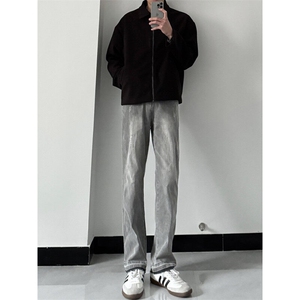美式hiphop烟灰色毛边修身直筒显瘦牛仔裤痞帅高街图片