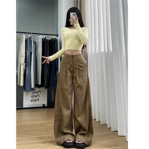 拉德卡其色阔腿牛仔裤女夏季拖地工装高腰宽松显瘦直筒喇叭裤子图片